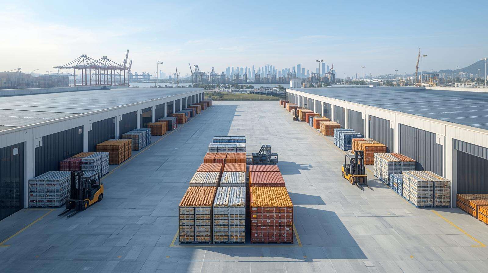 Large-scale port logistics center featuring shipping containers in rows with material handling equipment and cranes