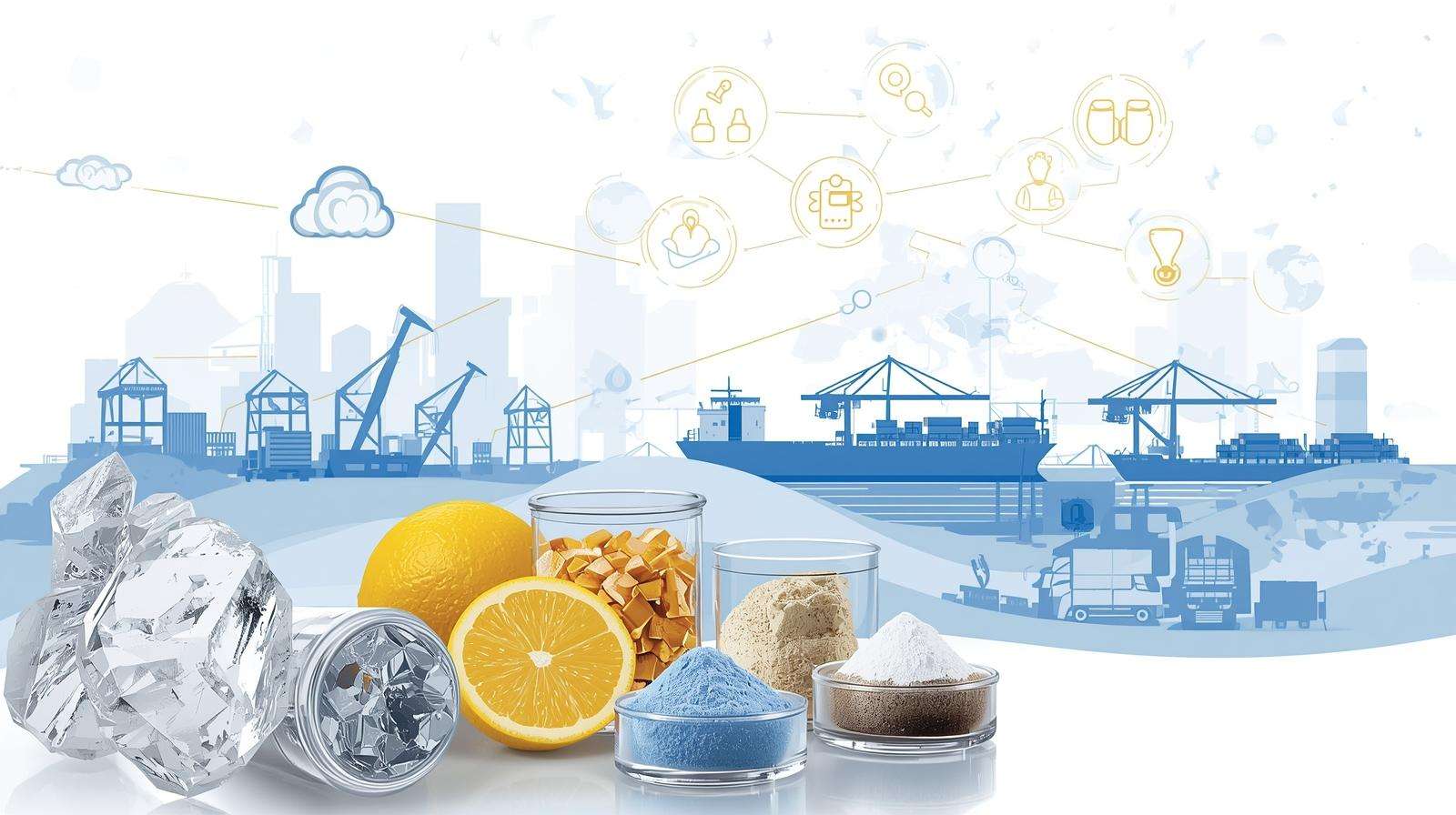 Raw materials including citrus and powdered ingredients against shipping terminal backdrop for food industry logistics