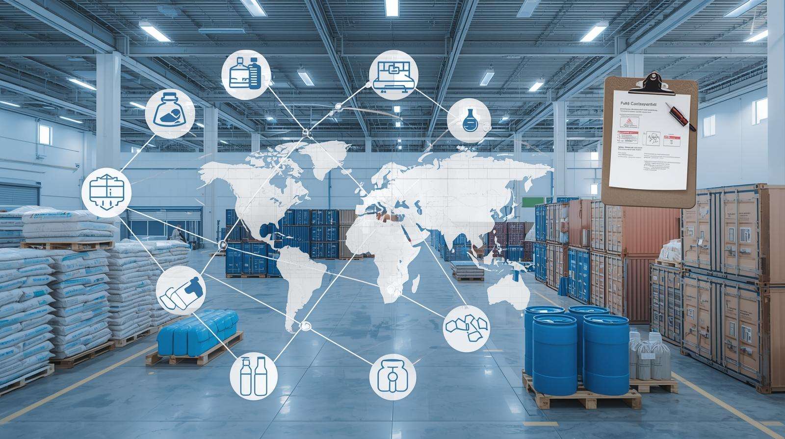 Smart warehouse storage with world map connectivity displaying global distribution and logistics management system