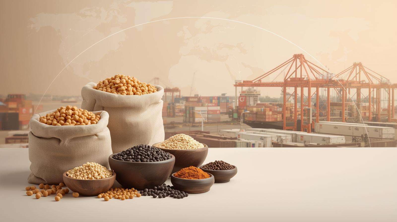 Sacks and bowls of spices and grains with shipping port cranes in background representing food export logistics