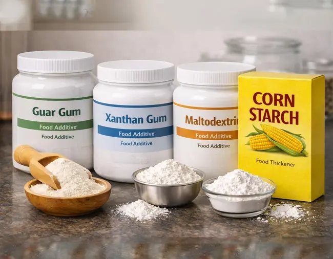 Four food thickeners guar gum xanthan gum maltodextrin and corn starch in containers with measuring tools